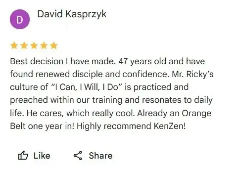5 star review about our martial arts lessons help renew confidence