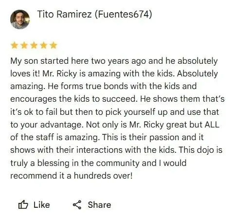 positive review from parents saying how our martial arts classes are amazing with kids