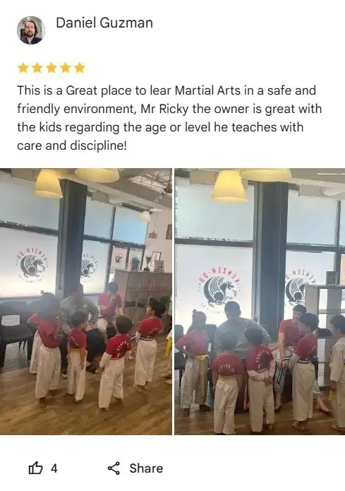 positive review stating how our martial arts school is a safe and friendly environment for students