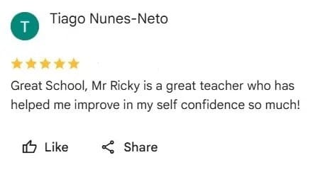 5 start review saying how Mr Ricky's martial arts lessons help improve self confidence