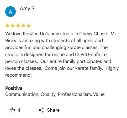 5 star review about our martial arts school providing fun and challenging classes