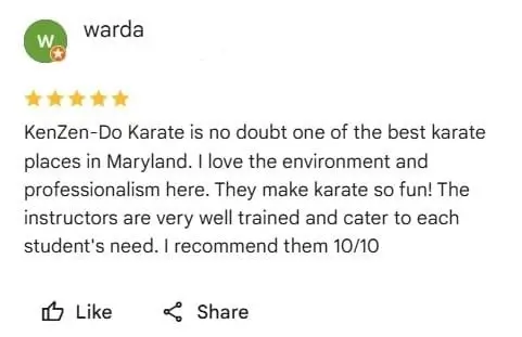 5 star review saying that our martial arts lessons are the best in Maryland