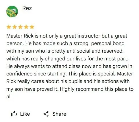 5 star review from parents saying how our staff creates bond with this children during our martial arts lessons
