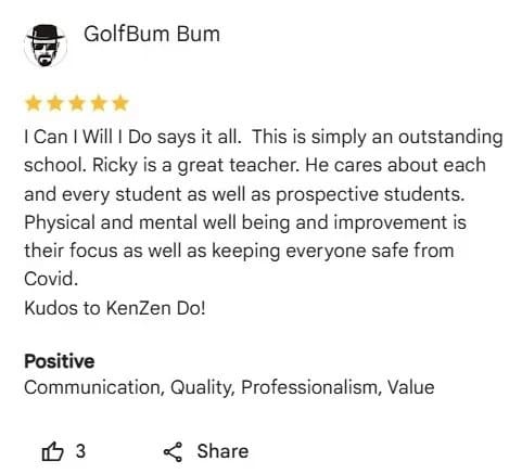positive review stating that our martial arts school and teachers are outstanding