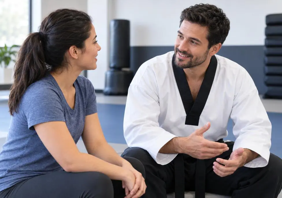 Taekwondo beginner training with adult student and instructor discussing technique on the mat
