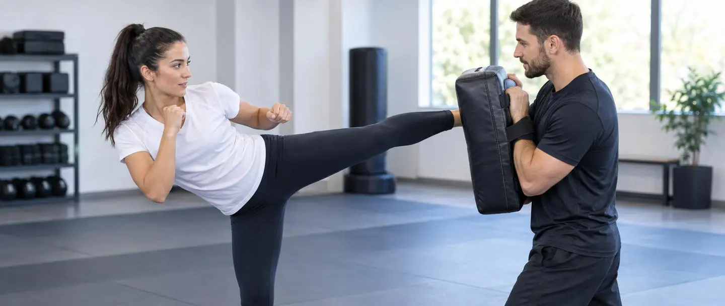 Taekwondo fitness training with adult student practicing a high kick on mitts